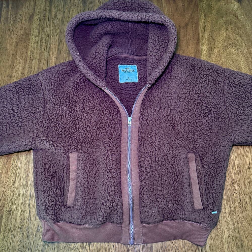 Hollister Brown Sherpa Fleece Full Zip Hoodie Jacket Size L Y2K Teddy Cozy